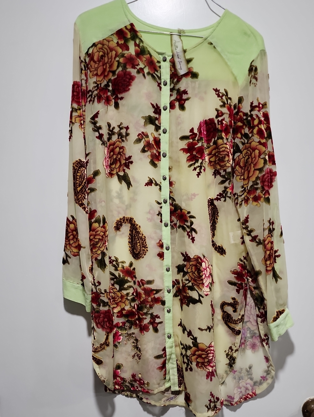 Aratta Sheer Floral Longline Button-Front Jacket in Yellow and Red